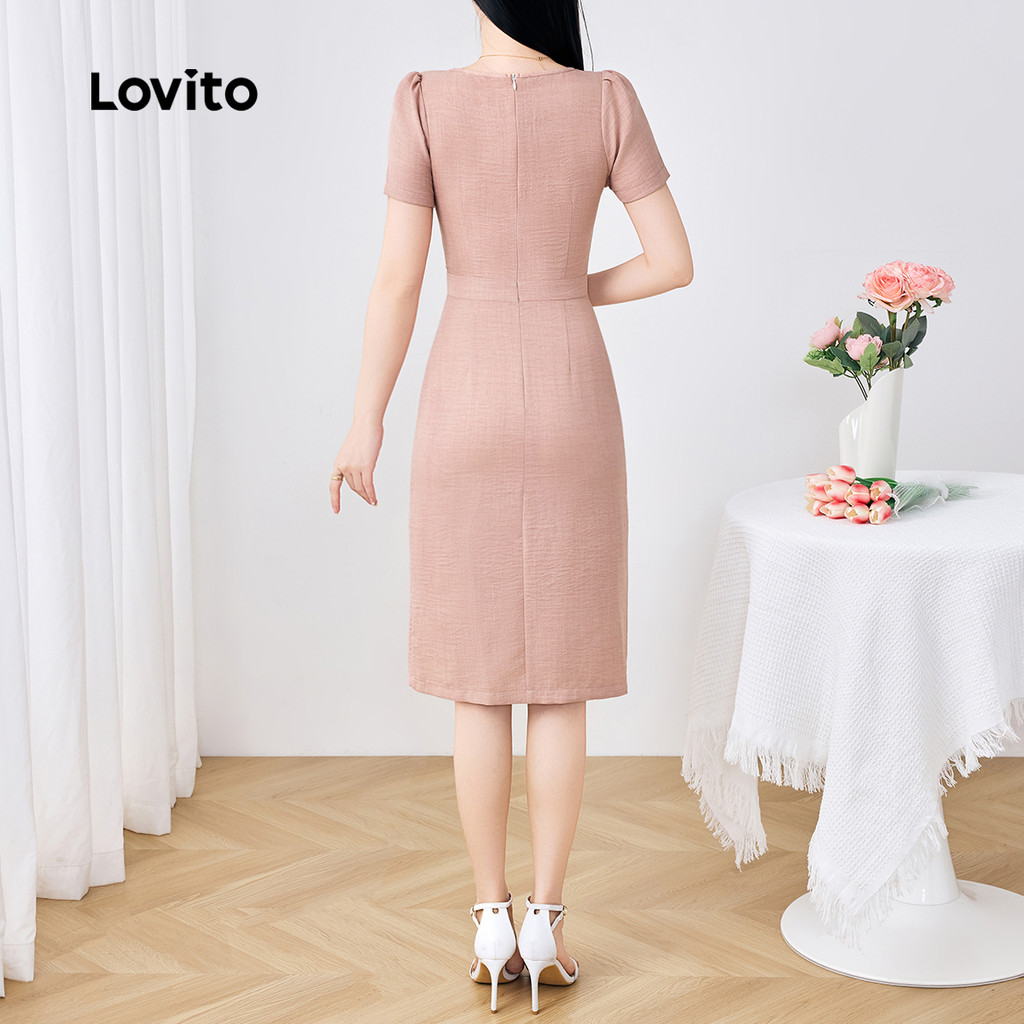(Elegante) Lovito Vestido Assimétrico com Botões Primavera/verão Vestido Rosa para Mulheres L142LD565