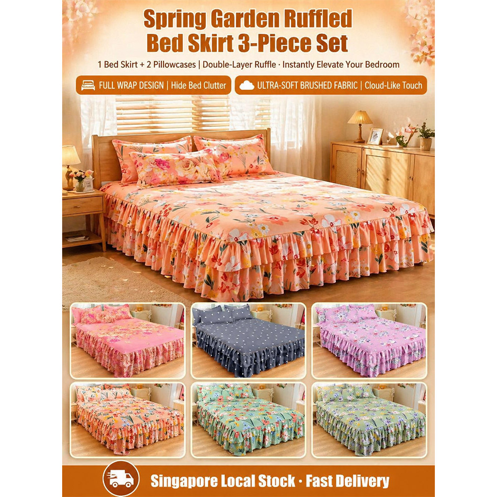 [Cozy Bedroom Look] Luxury Floral Ruffle Bed Skirt Set/3PCS Bedding Set/Soft Material/Easy To Wash/Durable Design/Bedroo