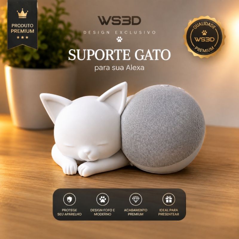 Suporte Alexa Echo Dot 4 e 5 Geração Gatinho Fofo Decorativo 3D | Base para Alexa Gato Dormindo