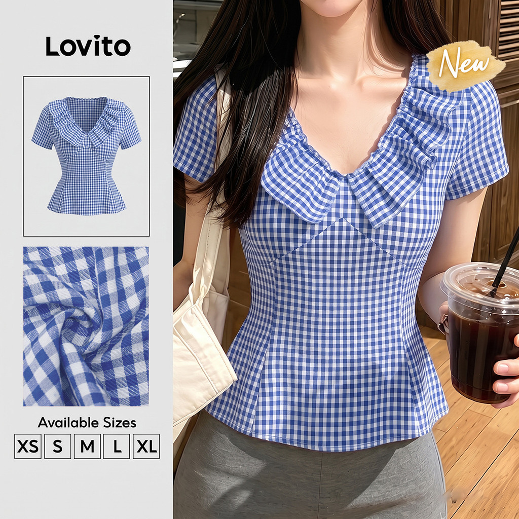 (New Arrival) Lovito Blusa Feminina Casual Xadrez Azul E Branca De Manga Curta Com Decote Em V Estampa Geométrica E Babados Para Primavera Verão E Fim De Semana BLB204P1D706
