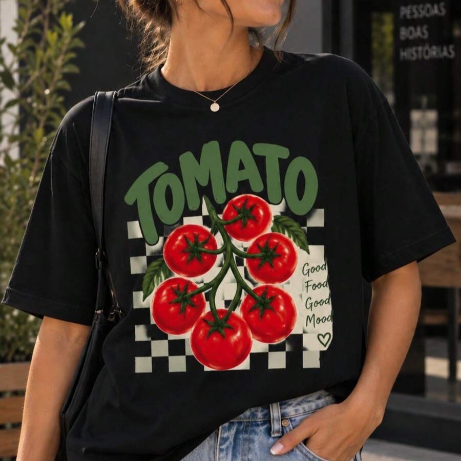 Camiseta Feminina Estiloso Tomato 100% Algodão Premium Blusa Estampada Vintage Moderna Casual Manga Curta Confortável