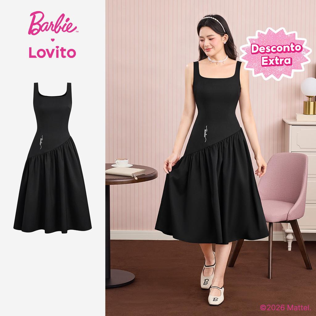 (New Arrival) Barbie™ X Lovito Vestido Casual Assimétrico Com Bordado Preto Para Mulheres primavera/verão DRBL6PAD017