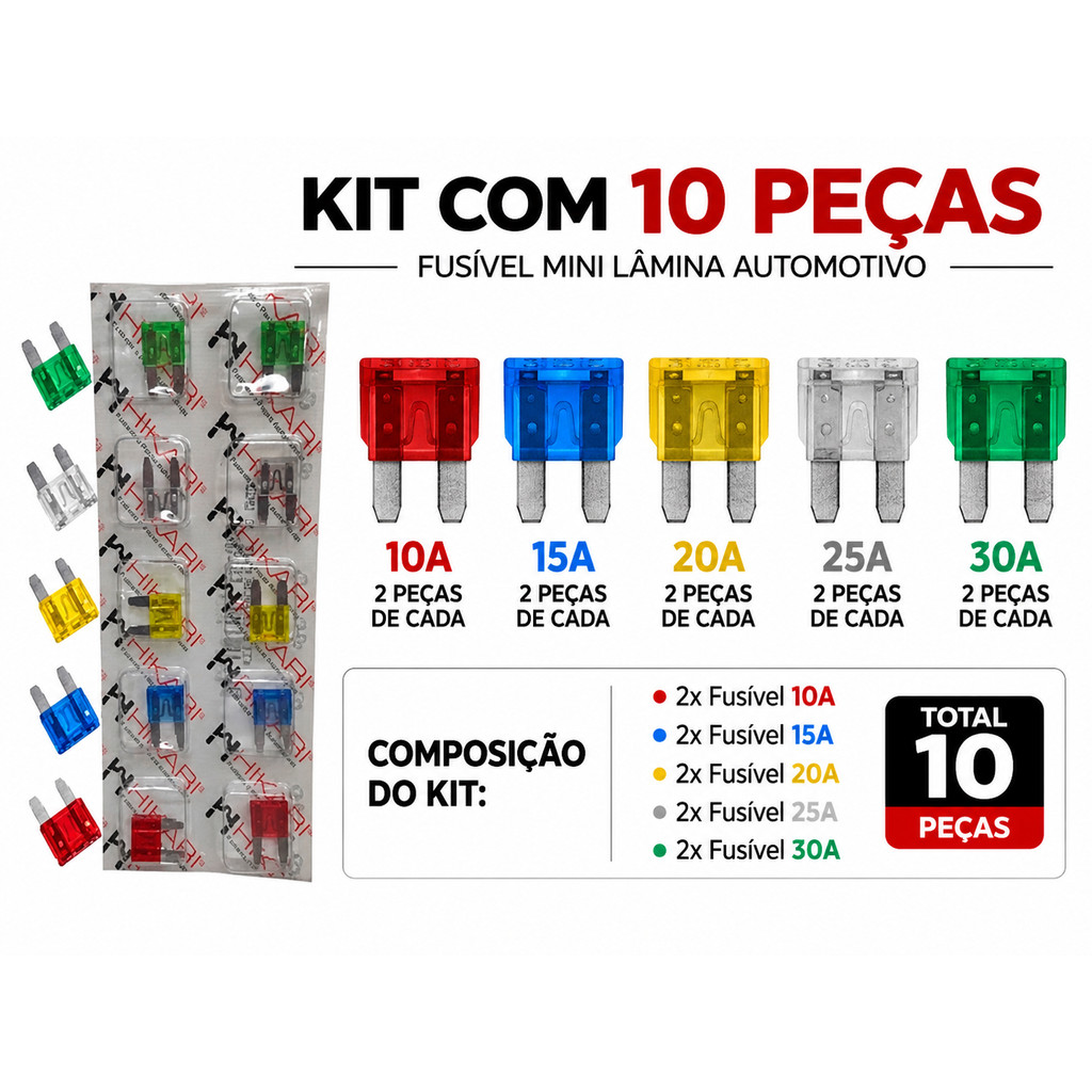 Kit Emergencia Fusivel Lamina Mini 10 15 20 25 30 Amperes