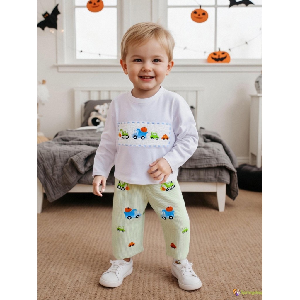 Conjunto De 2 Peças De Camisetas Bordadas De Manga Comprida Com Caminhão De Abóbora Para Bebês Meninos E Calças Listrada