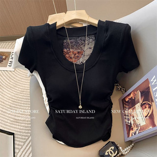 Design francês renda costura U-pescoço manga curta camiseta feminina 2026 verão novo estilo puro desejo estilo plissado 
