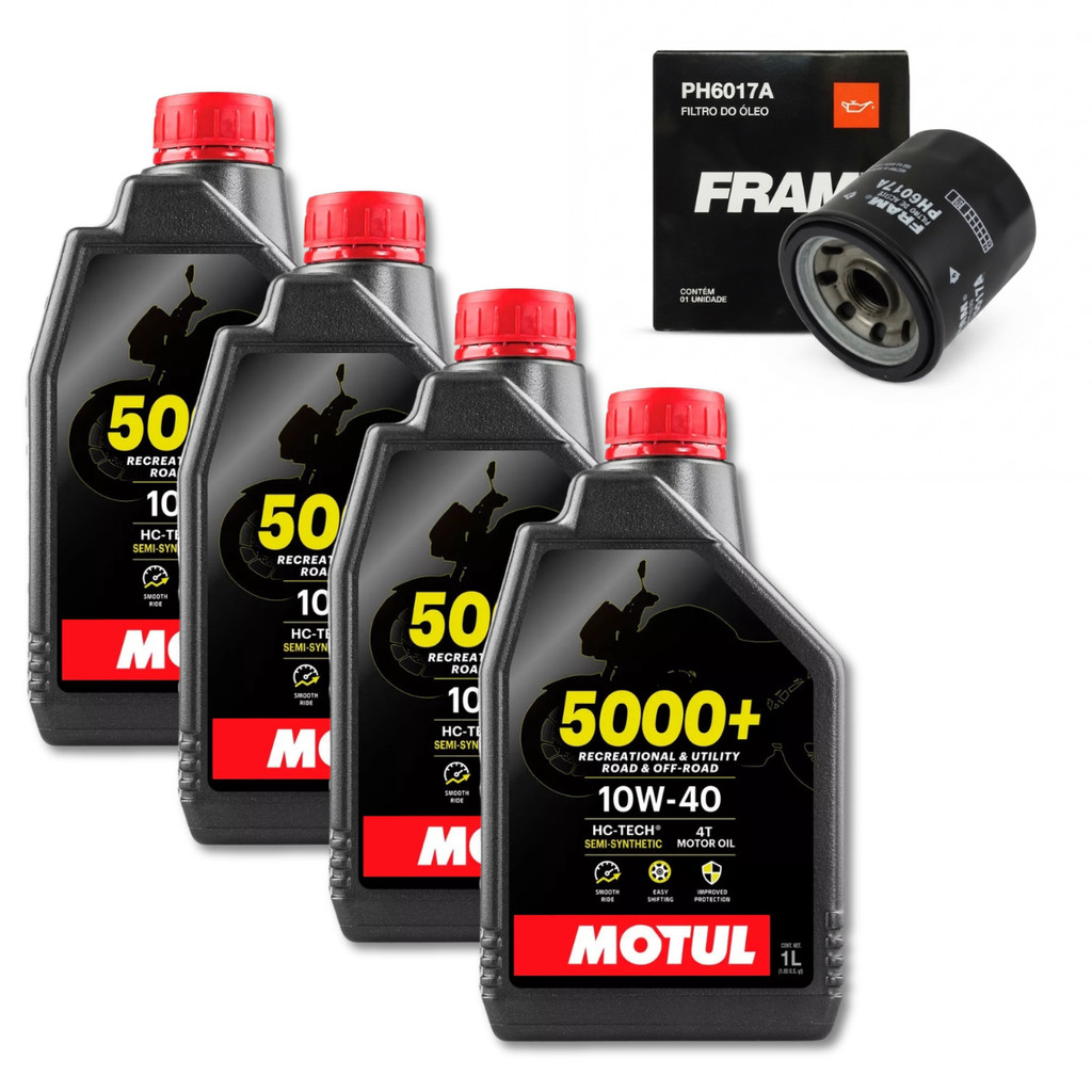KIT TROCA ÓLEO 4x MOTUL 5000+ 10W40 4T + 1 FILTRO FRAM MT03 MT09 MT07 R3 NINJA 300 400 Zx6r Z750 Vulcan 900 TIGER 1050
