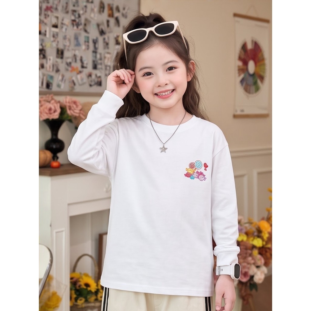 Meninas 100 % Algodão Manga Longa Camiseta Bonito Doce Pirulito Impressão Tripulação Pescoço Ajuste Relaxado Crianças Ca