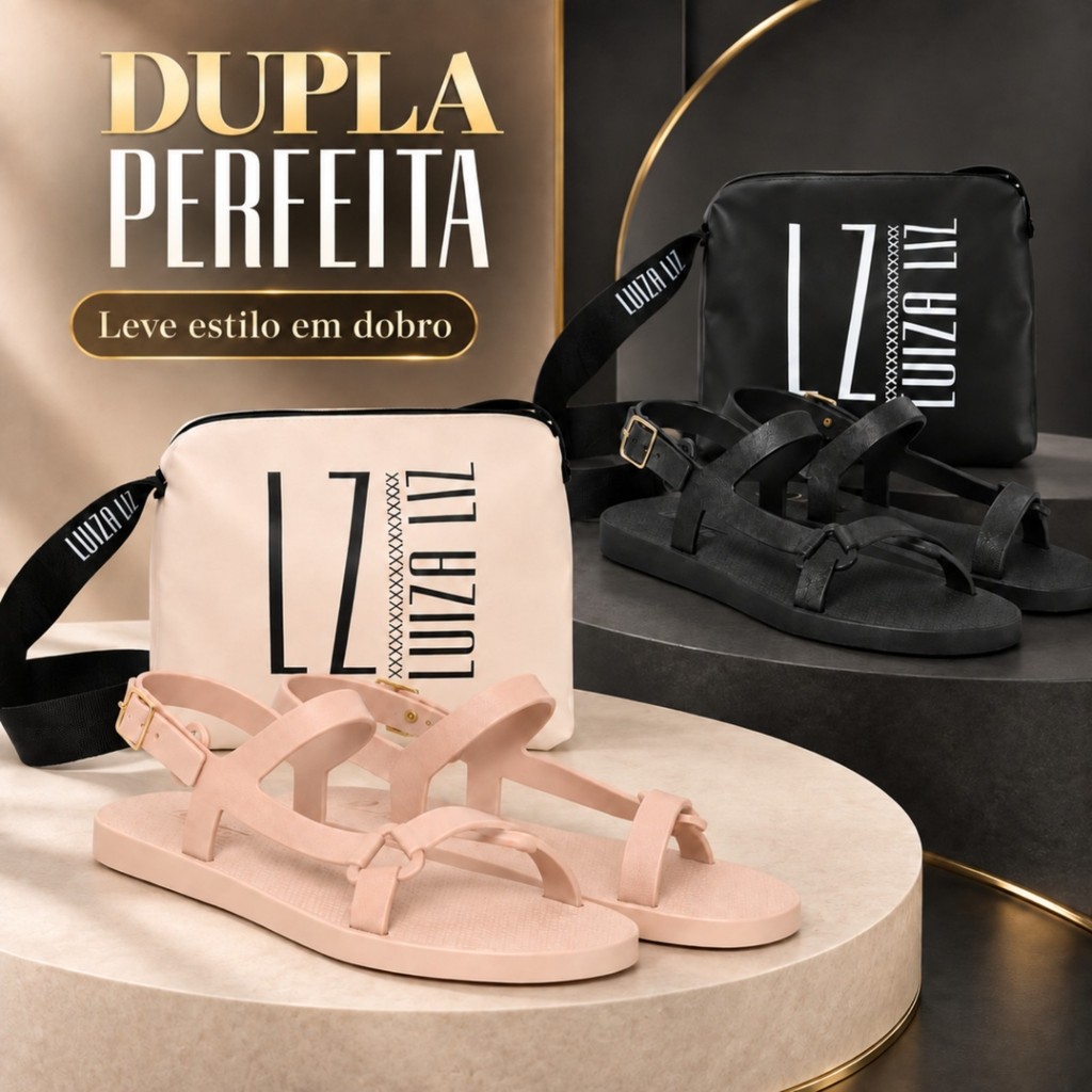 KIT 2 Kits Sandália Tiras Cruzadas Feminina Kit Bolsa Fivela Confortável Antiderrapante Casual Numeração 34 ao 40