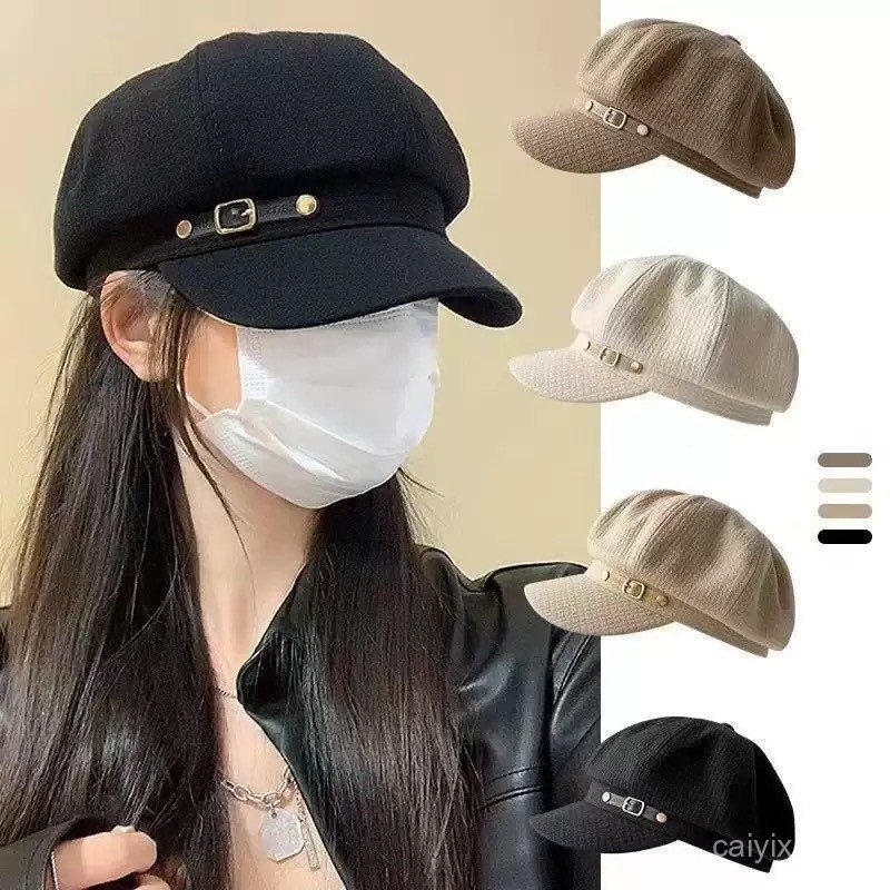 Chapéu feminino de estilo «newsboy» com formato octogonal, textura em favo de mel e fivela ajustável, modelo N65L.