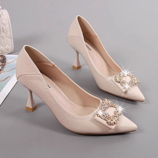 Salto médio confortável feminino salto alto Stiletto sapatos únicos strass