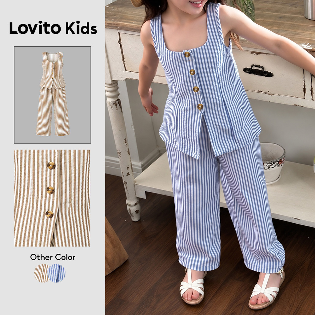 Lovito Kids Listrado Conjuntos Casuais de Calças com Botão Primavera/verão Conjuntos Azuis de Calças para menina L192AD025