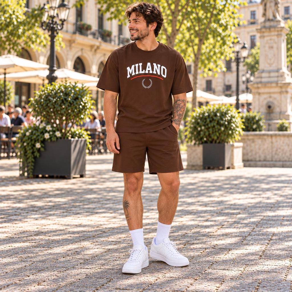 Conjunto Masculino Marrom Bermuda Oversized Moletinho e Camiseta Cotton ou Somente Camiseta Preta