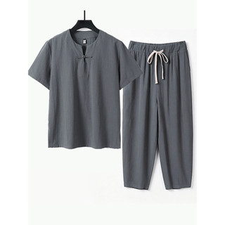 Estilo chinês algodão linho terno masculino verão estilo chinês fivela com decote em v camiseta de manga curta Casual Pl