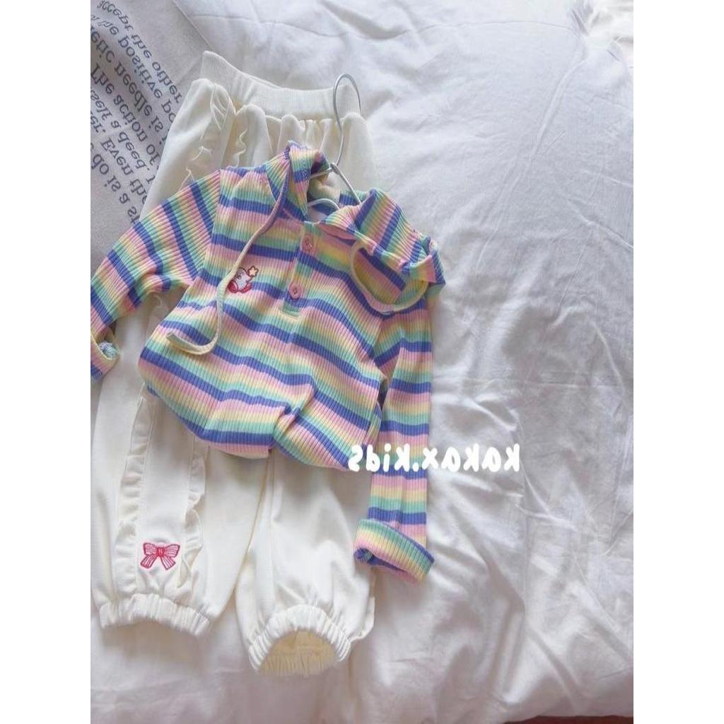 Meninas dopamina listrado moletom com capuz camiseta crianças primavera outono novo estilo cor sólida estiramento camisa