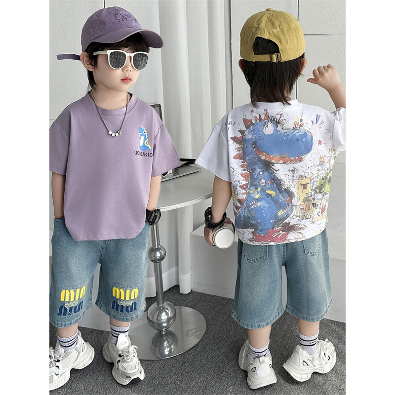Meninos terno de manga curta bebê dos desenhos animados dinossauro impressão camiseta Denim calças médias terno de duas 