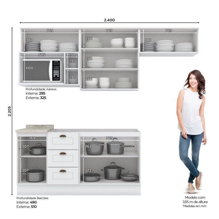 Cozinha Compacta Modulada 6 Peças com Aéreo para Micro-Ondas Emily Espresso Móveis Branco/HP/Calcare Branco · foto 2