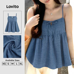 Lovito Top Feminino Casual com Laço Frontal e Bainha de Babado em Azul Claro Primavera/Verão TKB202P2D113