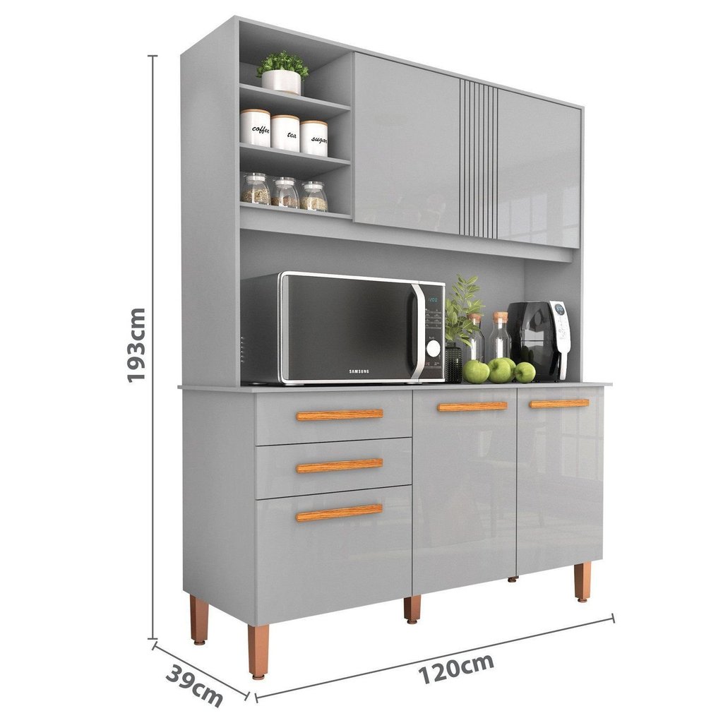 Armário de Cozinha 5 Portas 2 Gavetas 120cm Adelle Yescasa Cinza — imagem 2 de 2
