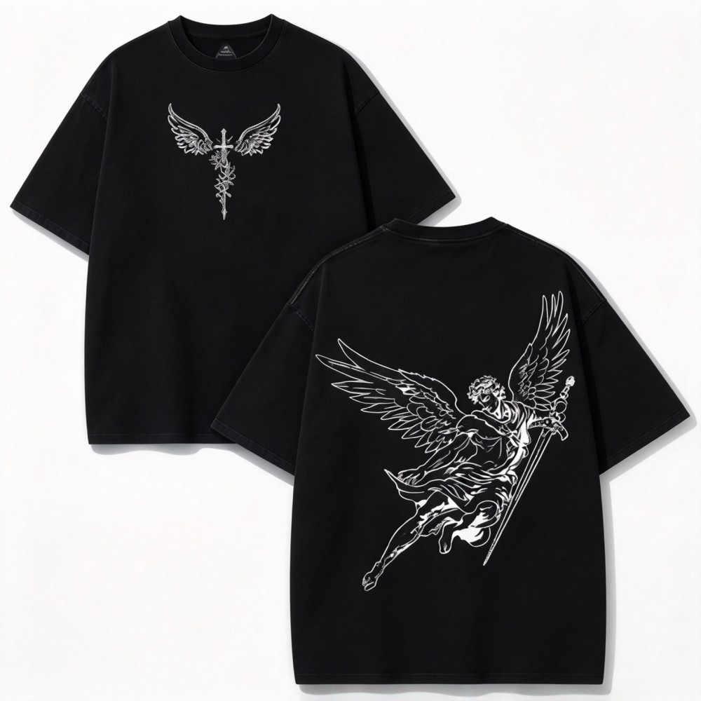 Camiseta Unissex Premium de Algodão Oversize Preto Estampa Anjo Guerreiro Cruz Para Uso Casual Urbano