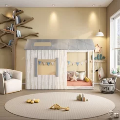 Cama Infantil Montessoriana Cabana Pkolino Cinza/Off White Off White/Cinza Claro