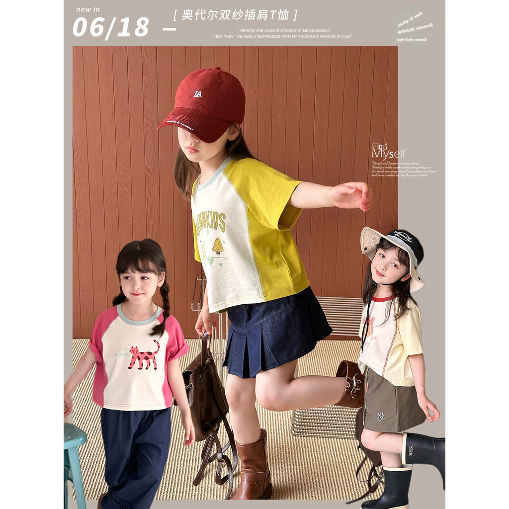 Meninas versão coreana contraste cor curto Raglan camiseta crianças Casual bonito dos desenhos animados de manga curta p