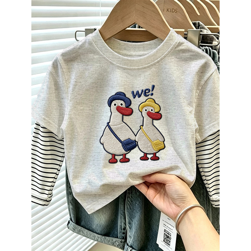 Algodão puro meninos listrado em torno do pescoço de manga comprida camiseta 2026 primavera outono novo estilo crianças 