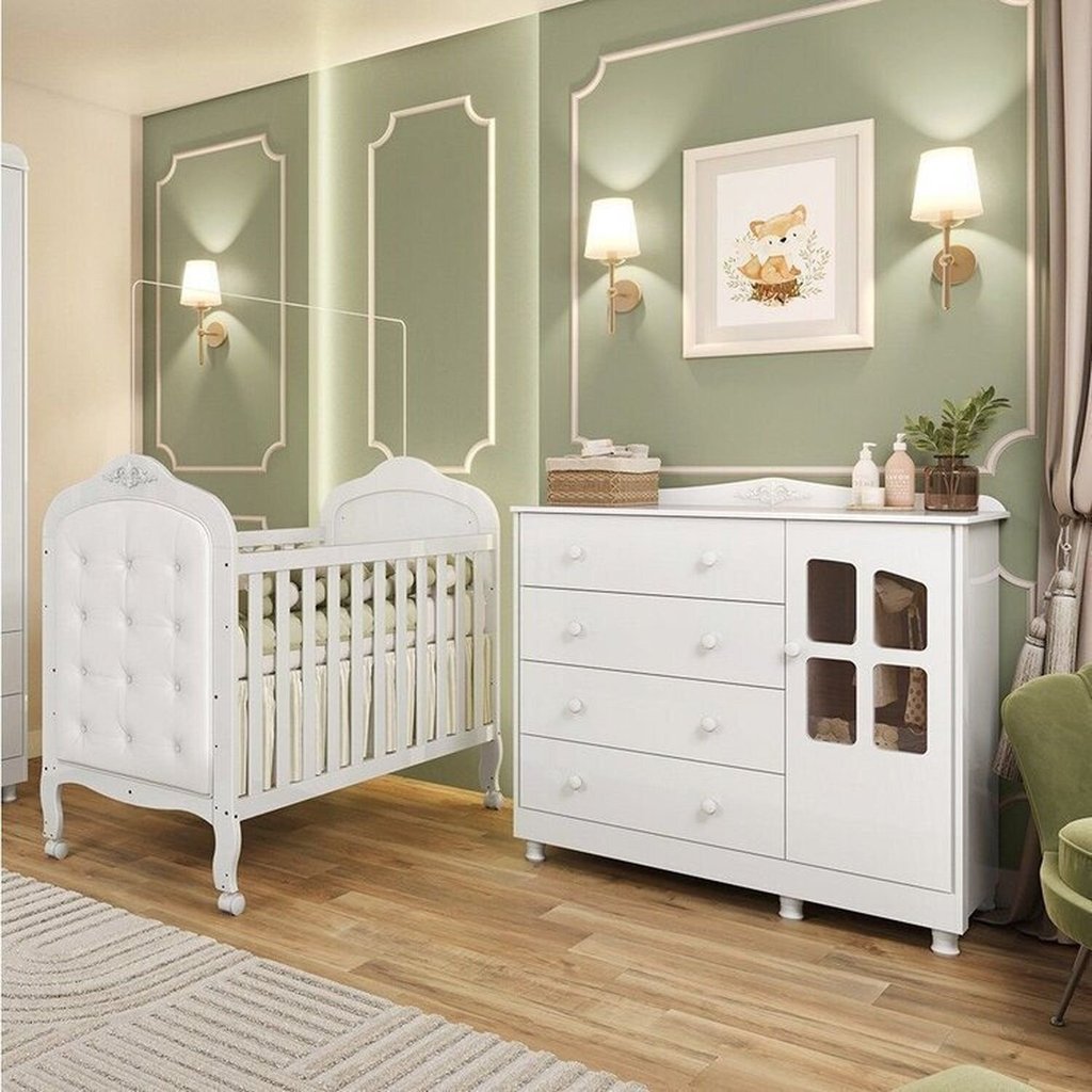 Quarto de Bebê Berço com Capitonê e Cômoda com Janela Maya Clássico Espresso Móveis Branco/Brilho Branco Brilho