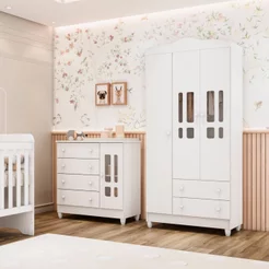 Conjunto Quarto Bebê Guarda Roupa Ariel 3 Portas Cômoda 4 Gavetas 1 Porta 100% MDF Branco Branco