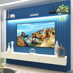 Rack com Painel para TV até 90 Polegadas 100% MDF Ripado com LED 250CMX228,8cm Nobre Azul Azul/Off White