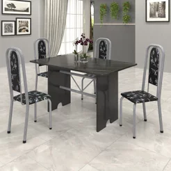 Conjunto de Mesa Tampo Ardósia 120x75cm com 4 Cadeiras Lavínea Preto/Martelado Perola/Ardosia Indiano/Floral Martelado