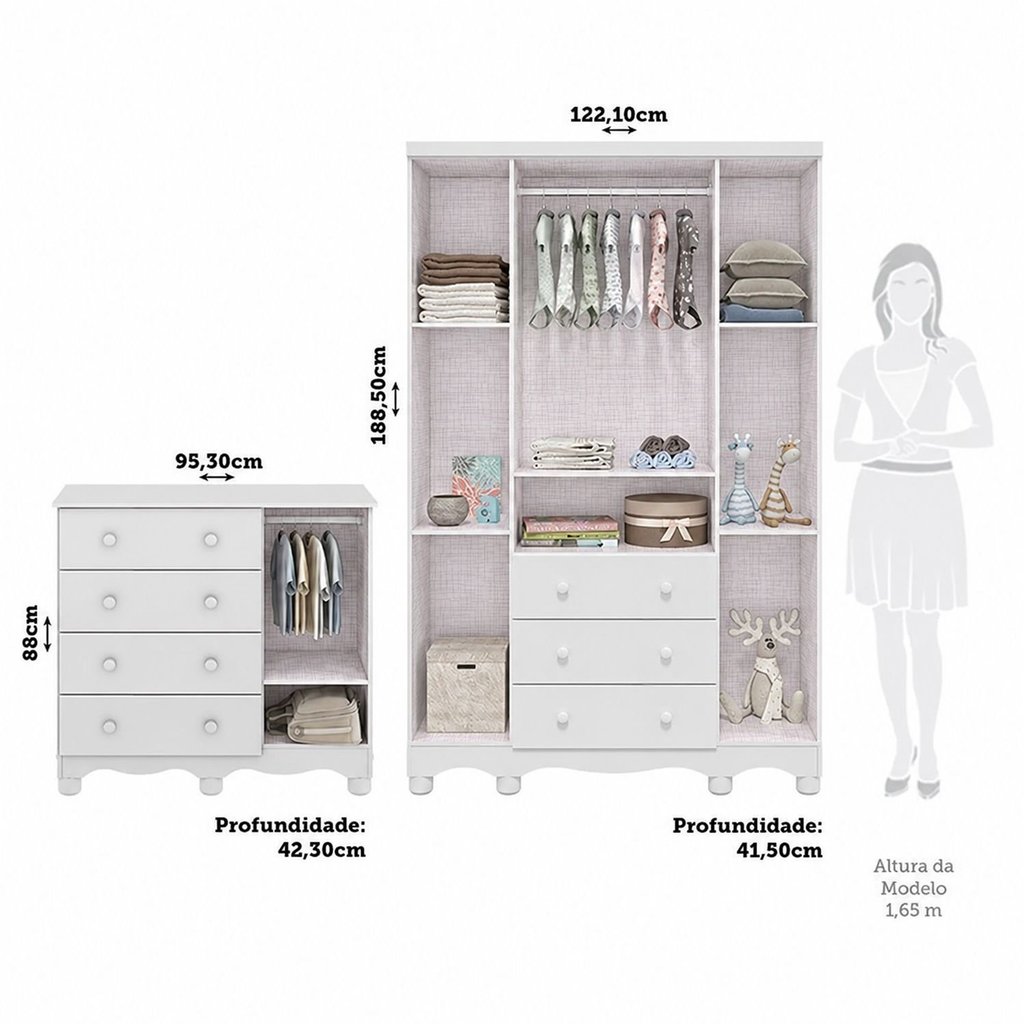 Quarto Infantil com Guarda-Roupa 4 Portas e Cômoda 1 Porta 100% MDF Mimo Espresso Móveis Branco/Brilho Branco Brilho · foto 2