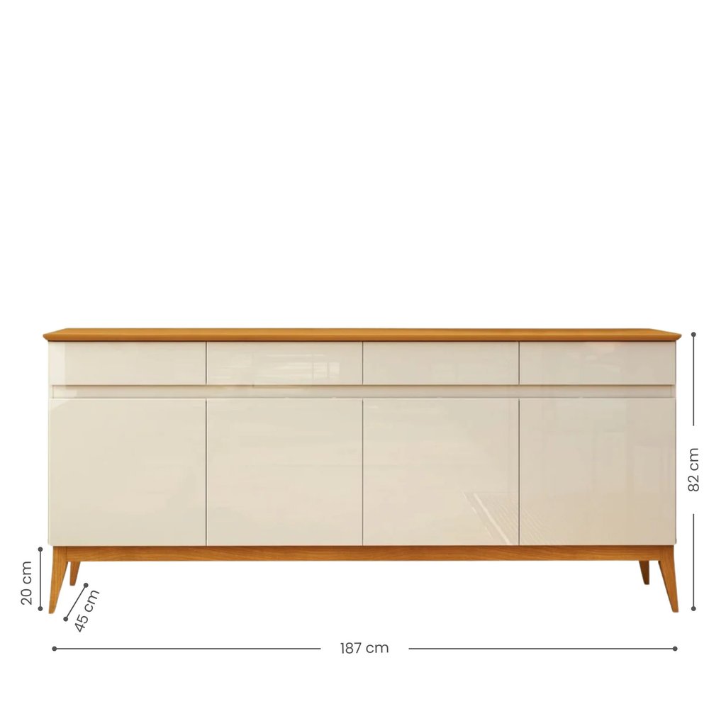 Buffet Aparador 4 Portas e 4 Gavetas em MDF com Pés em Madeira Maciça Bege/Off White/Cedro Off White/Cedro · foto 2