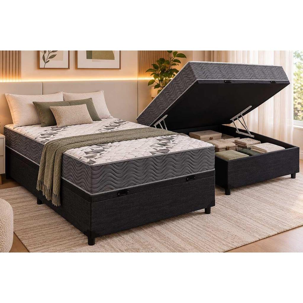 Imagem Cama Box Baú Casal: Colchão Anatômico Ortobom D33 / EP Airtech 100 + Base CRC Courano Black(138x188)