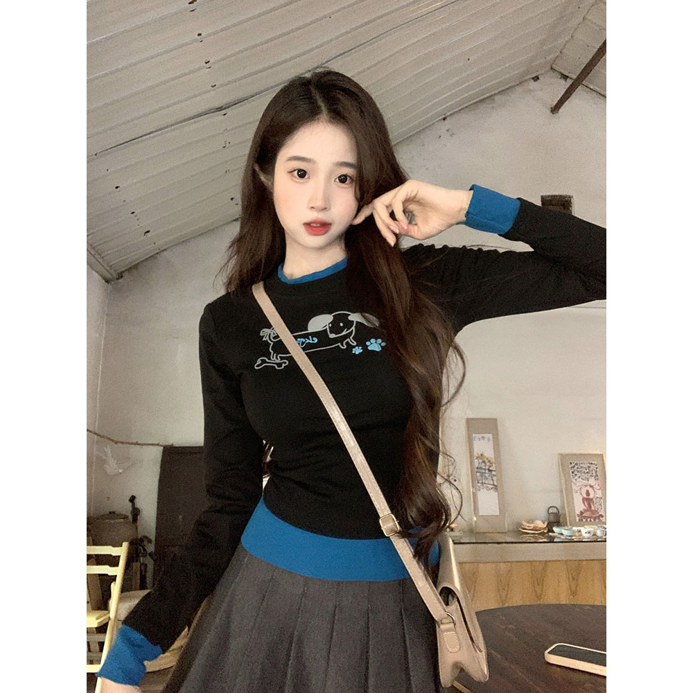 Falso de duas peças dos desenhos animados impressão costura manga comprida camiseta feminina primavera outono fino fino 