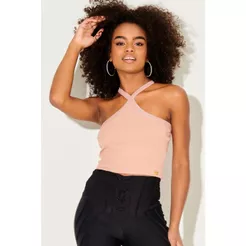 Cropped Feminino Liso Alça Cruzada Planet Girls Bege Médio