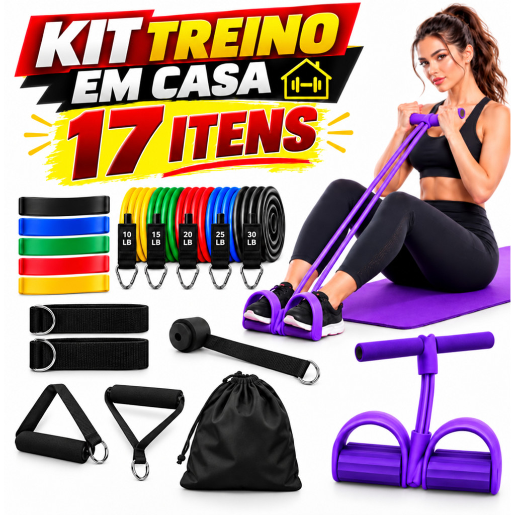 Kit 17 Itens Faixas Elásticas Fitness Extensor Musculação Treino em Casa Yoga Pilates Academia