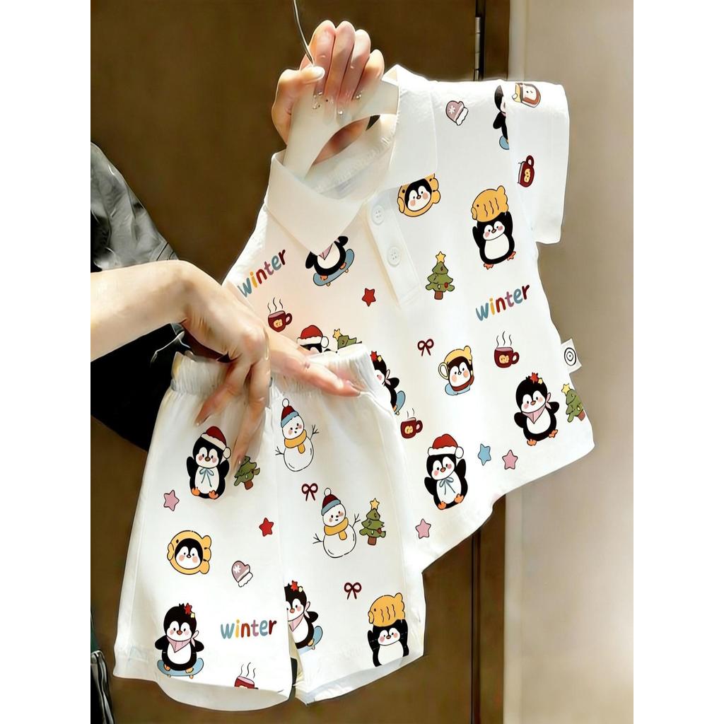 Verão novo estilo dos desenhos animados meninos meninas crianças bebê bonito pinguim impressão de manga curta camiseta P