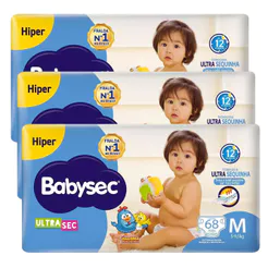 Kit Fralda Descartável Babysec UltraSec Hiper M Com 68 Unidades - 3 Unidades