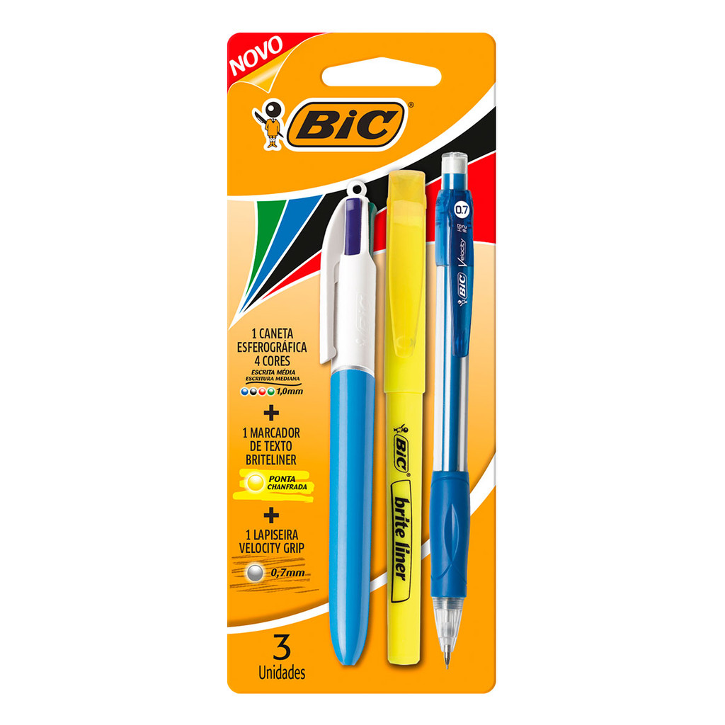 Kit Universidade caneta retrátil 4 cores + marca texto + lapiseira Bic