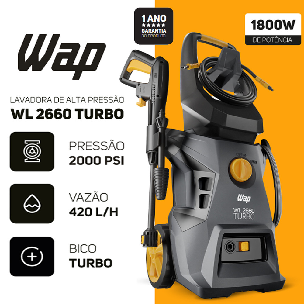 Detalhes do Lavadora de Alta Pressão Cinza 1800W 2000PSI Com Rodas E Aplicador de Detergente WL 2660 TURBO Wap