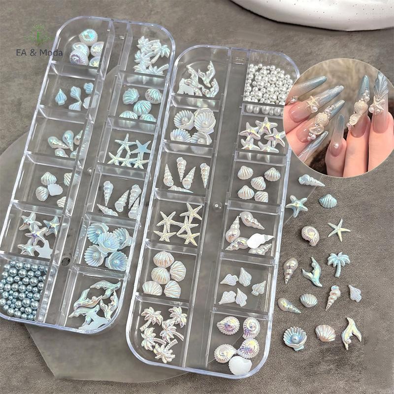 EA & Moda 12 Grades/Caixa Aurora Nail Charm Shell Starfish Mermaid Tail Acessórios De Arte 3d Para Aparência De Manicure
