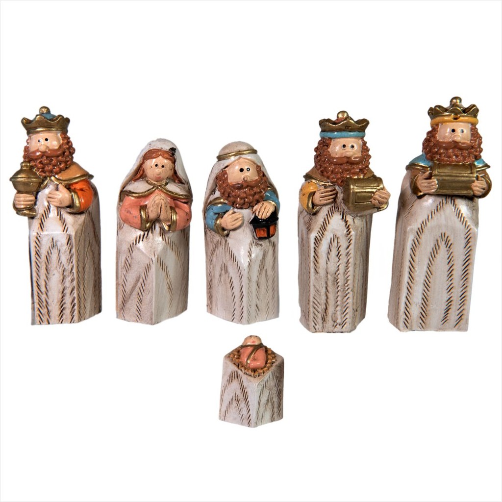 Presépio Sagrada Família 6 Figuras Reis Magos Presentes Resina 8CM