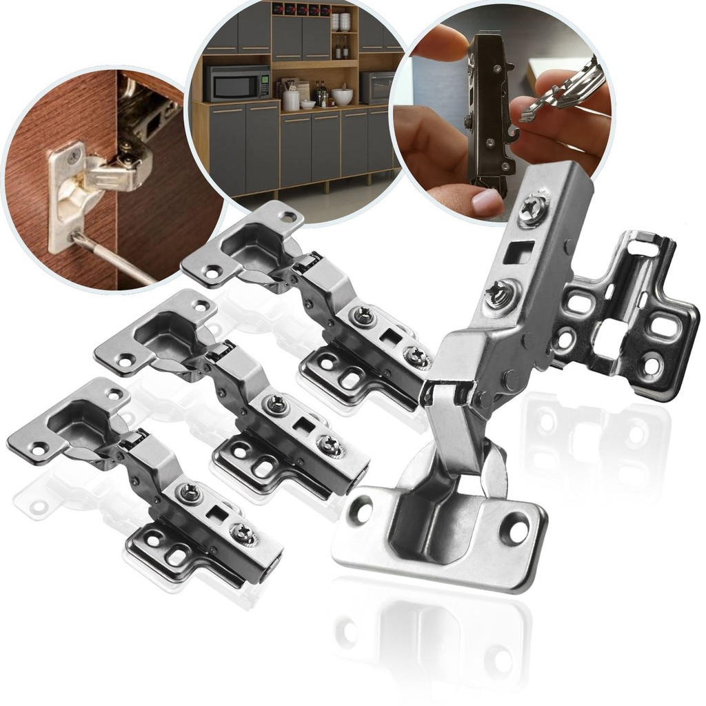 Kit 4 Dobradiça Curva 35mm Click Amortecedor Portas Móveis Armário Caneco Resistente Mola Calço Soft Close Clique Guarda