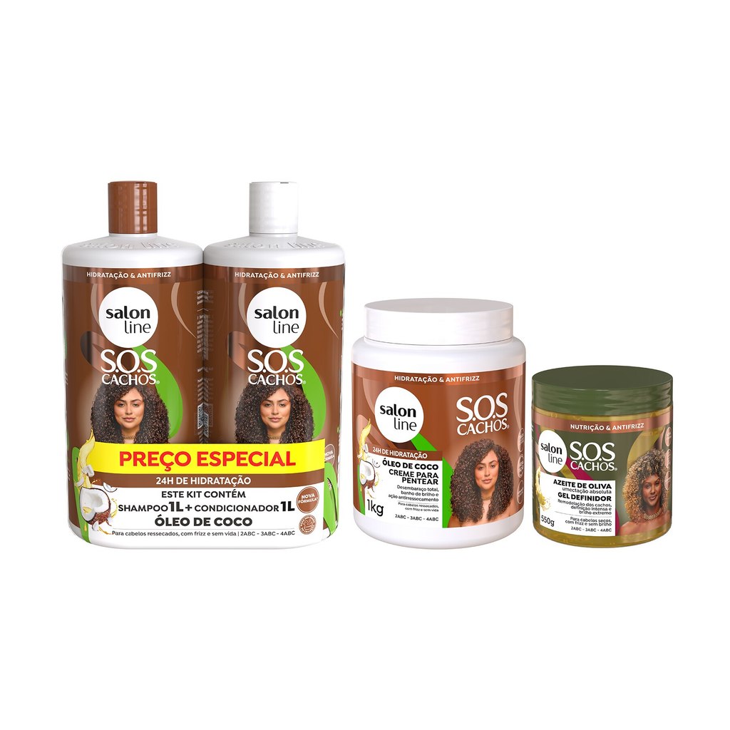 Kit com Creme Para Pentear + Shampoo e Condicionador 1L + Gel Definidor Sos Cachos Salon Line