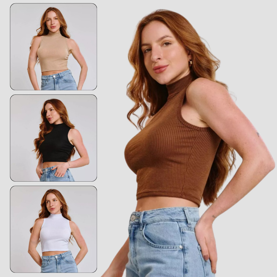 Kit 3 Cropped Blusa Gola Feminina Ribana Elegante Sem Manga Básico Canelado Blogueira
