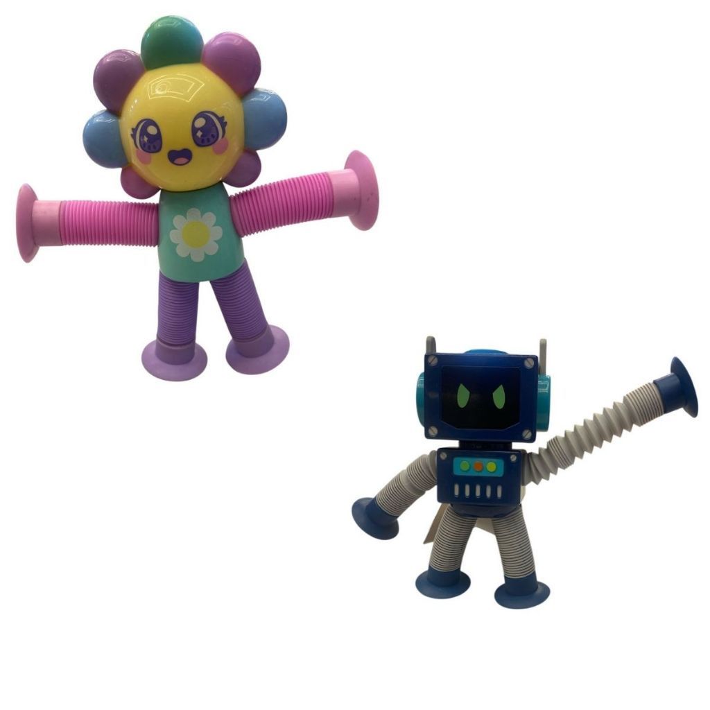 Boneco Mola Estica e Puxa Infantil Antiestresse Robô ou Boneca com Cabelo Colorido Estilo Pop It
