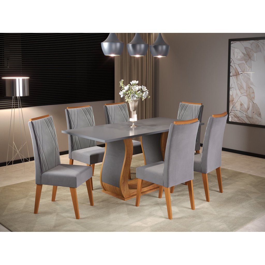 Mesa de Jantar Retangular Vitalic com 6 Cadeiras Madeira Maciça Vegas  Mel/Cinza Brilho/Grafite em Oferta na Shopee