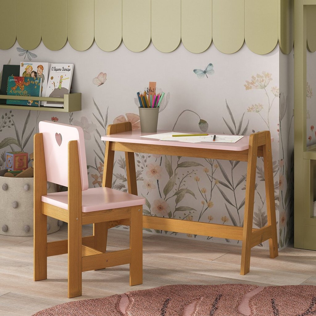 Conjunto Mesa Escrivaninha + 1 Cadeira Infantil Sofia Madeira Maciça / Mdf Rosa em Oferta na Shopee