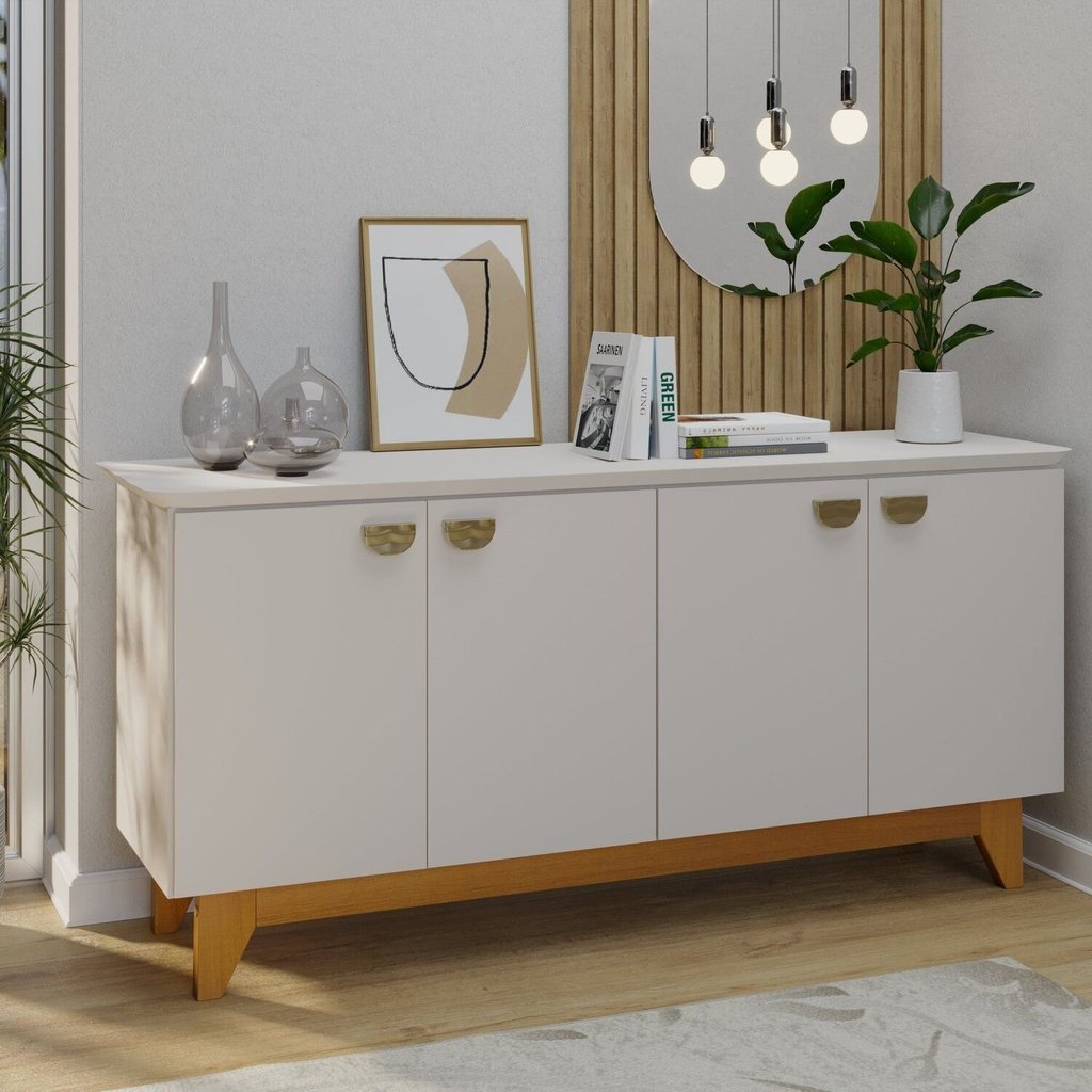 Buffet para Sala de Jantar 4 Portas com Pés de Madeira Maciça Suécia Nevaska/Cerejeira em Oferta na Shopee