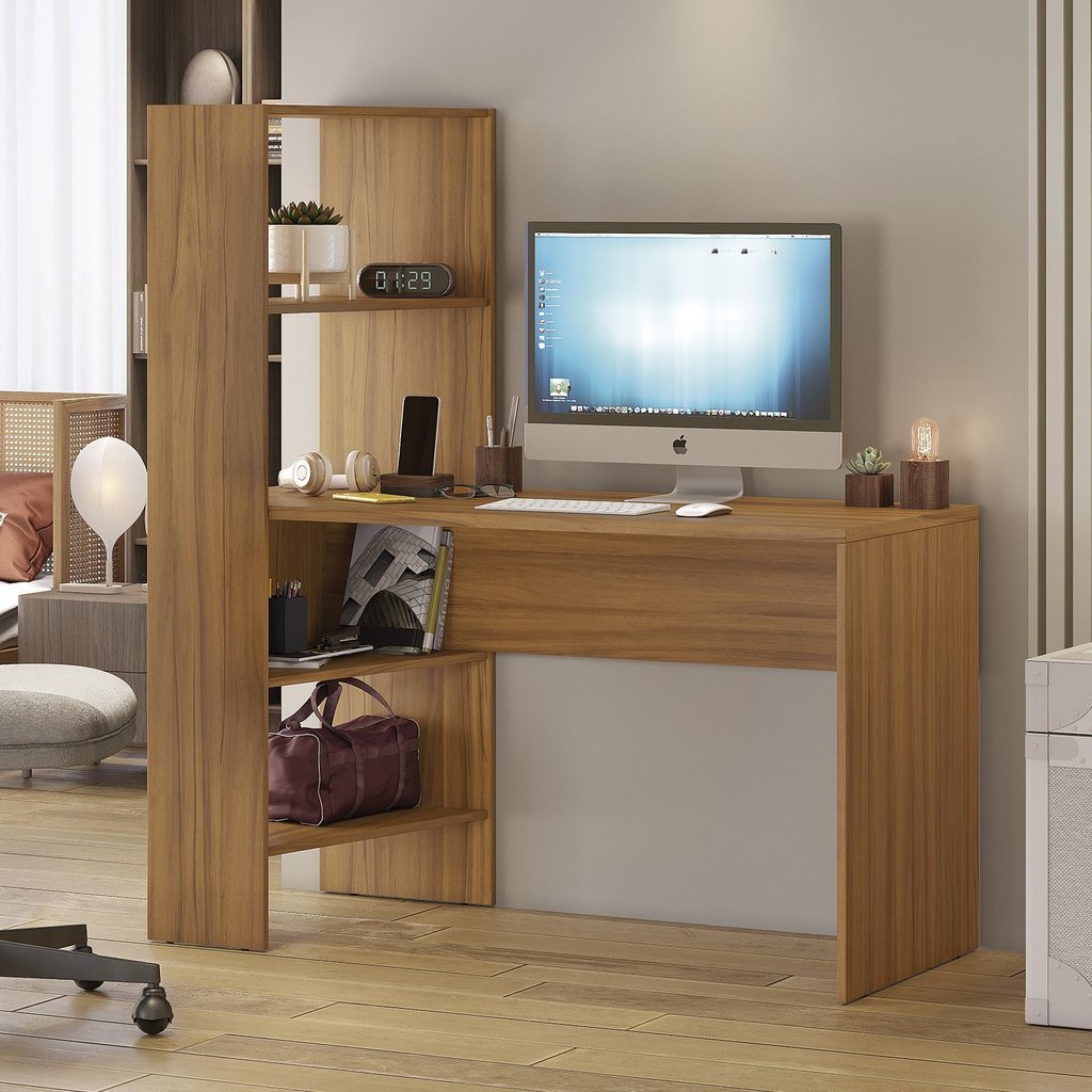 Mesa Office Escrivaninha com Torre e Prateleiras Nt 2105 Freijó em Oferta na Shopee